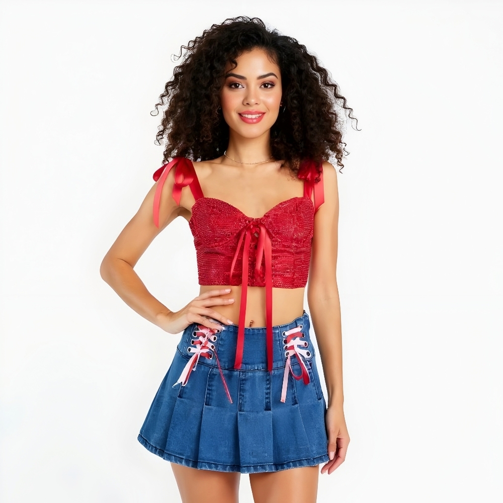 Wizard of Oz ✦ Red Lace Up Corset Top ✦ Ribbon Straps Sweetheart Shimmer M NWT